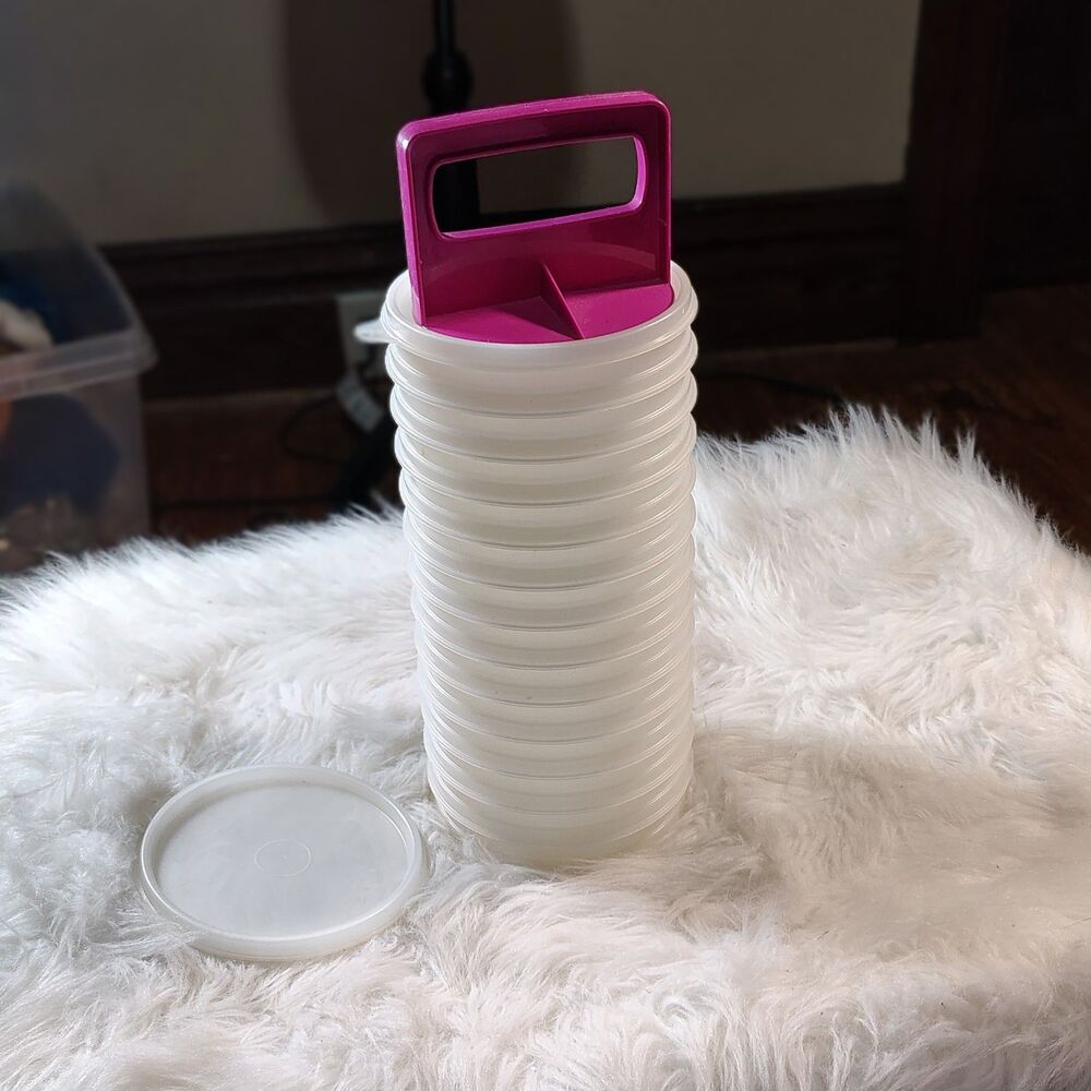 VTG Tupperware PINK Burger Press, 2 lid/seal & 13 Keepers